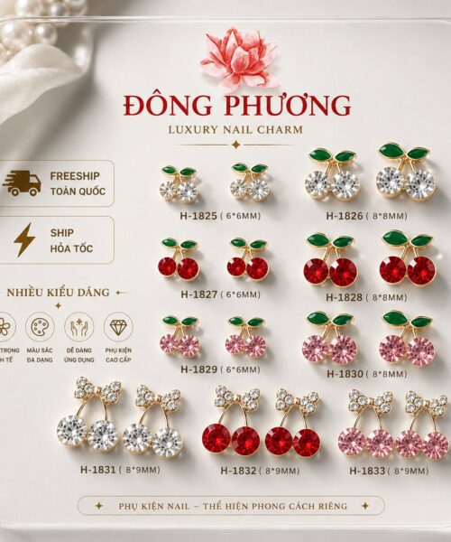 Charm Nail Cherry 3D Pha Lê – Hợp Kim Hot 2026