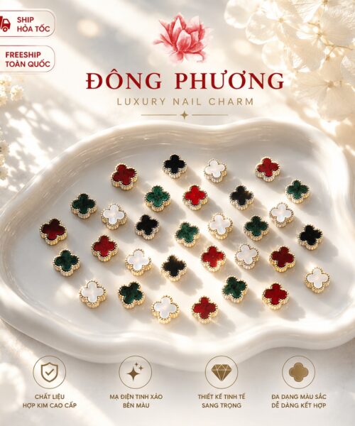 Charm móng cỏ 4 lá đính đá retro