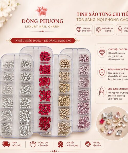 Set 12 ô đá đính móng đa màu cao cấp