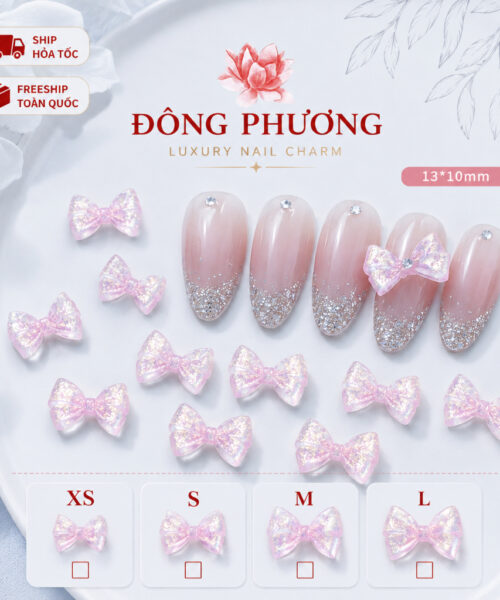 Nơ đá đính móng 3D trong suốt hồng