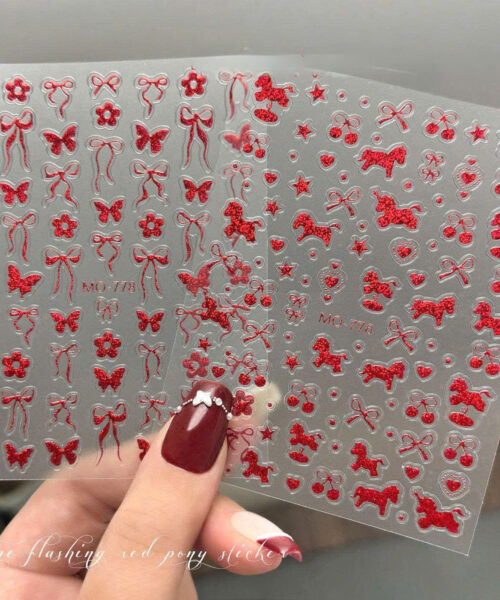 Miếng dán móng Nơ & Sao đỏ lấp lánh