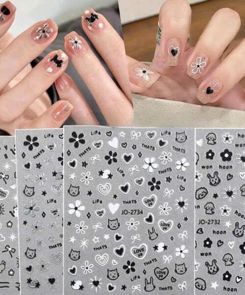 Sticker nail doodle bạc đen Y2K